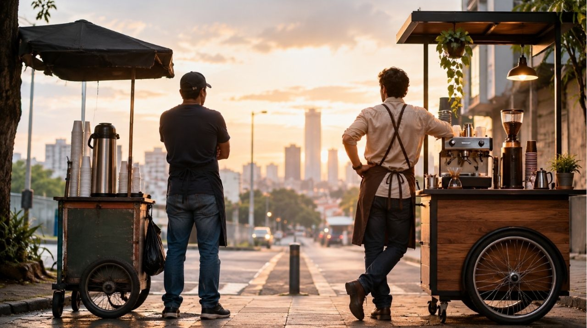 Dos vendedores de café con carritos distintos, una imagen sobre las decisiones que construyen la identidad de un negocio