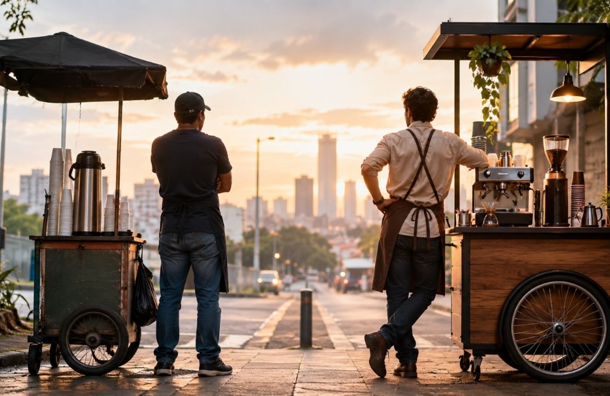 Dos vendedores de café con carritos distintos, una imagen sobre las decisiones que construyen la identidad de un negocio