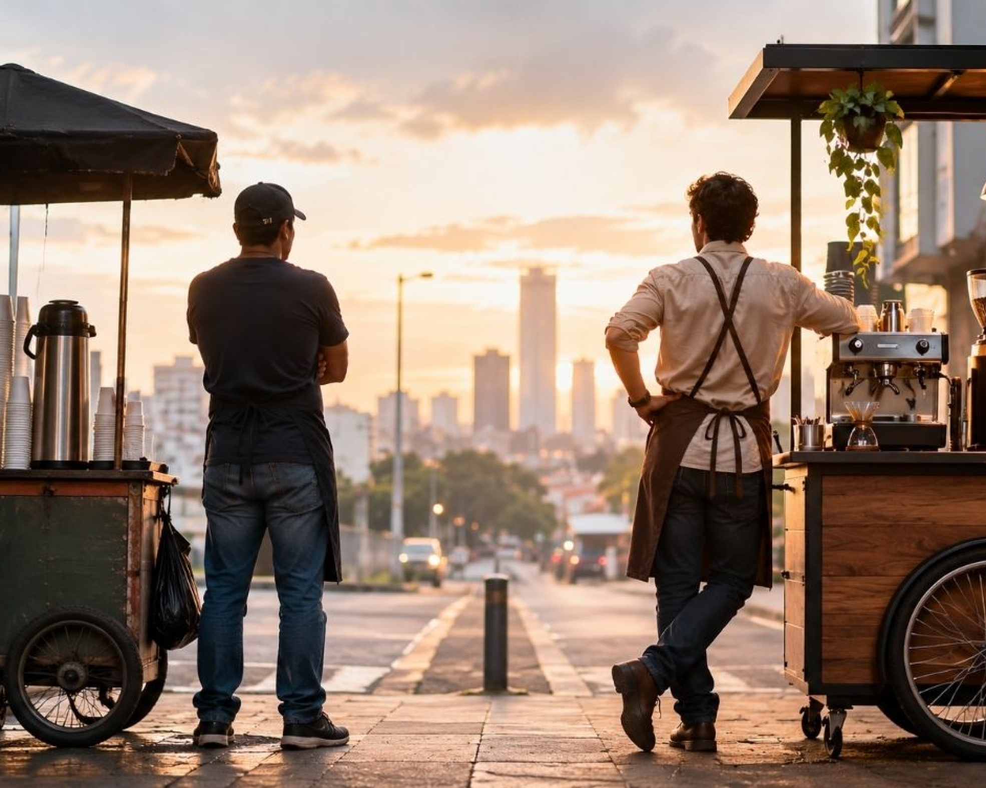Dos vendedores de café con carritos distintos, una imagen sobre las decisiones que construyen la identidad de un negocio