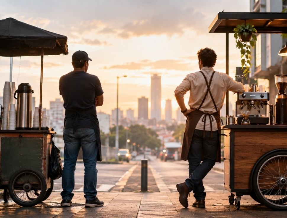 Dos vendedores de café con carritos distintos, una imagen sobre las decisiones que construyen la identidad de un negocio